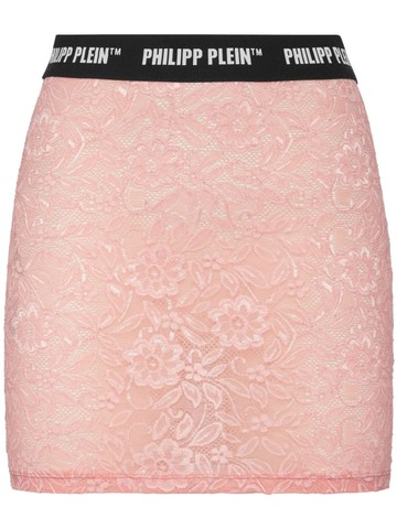 Philipp Plein - logo-waistband lace miniskirt - women - Polyester/Spandex/Elastane - S - Pink