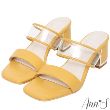 Ann’S青春保鮮日-低調電鍍包邊雙帶透明方頭粗跟涼拖鞋-黃(版型偏小)(季末換季出清)