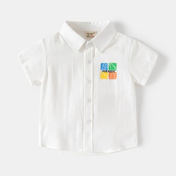 WELLKIDS - 純棉休閒翻領短袖襯衫-四格恐龍-白色