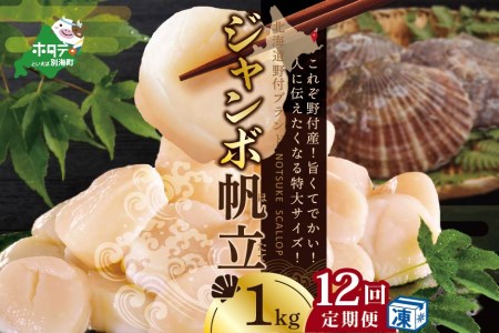  北海道 野付産 漁協直送 冷凍ホタテ 貝柱 ジャンボホタテ1kg×12ヶ月（ ほたて ホタテ 帆立 貝柱 定期便 北海道 野付 人気 ふるさと納税 ）