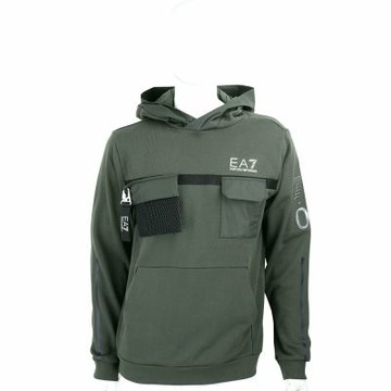 Emporio Armani EA7 反光字母可拆吊飾前袋棉質軍綠連帽運動衫 大學T(男款)