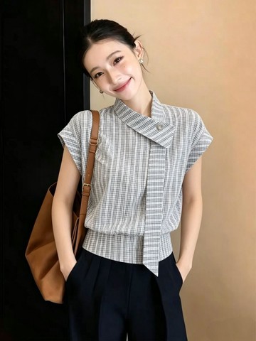 高級感格紋襯衫短袖 夏季新款復古飄帶別緻減齡顯瘦韓系上衣女 AJ433