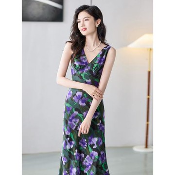 裙子女春夏2025別致獨特收腰修身背心連衣裙印花氣質碎花無袖長裙