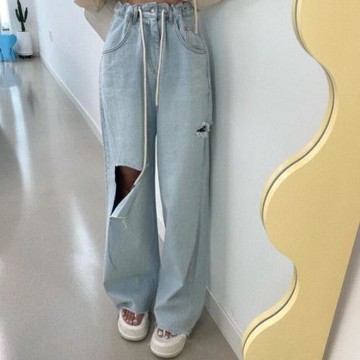 韓國高腰抽繩調節破洞牛仔褲女夏洋氣復古水洗寬松直筒闊腿拖地褲