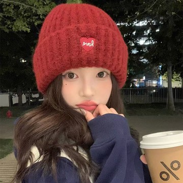 毛線帽子🎀 愛心刺繡毛線帽子女秋冬新款大頭圍針織帽大版型保暖護耳冷帽