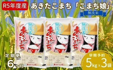 定期便 令和5年産 『こまち娘』あきたこまち 無洗米 15kg  5kg×3袋6ヶ月連続発送（合計90kg）吉運商店 秋田県 男鹿市