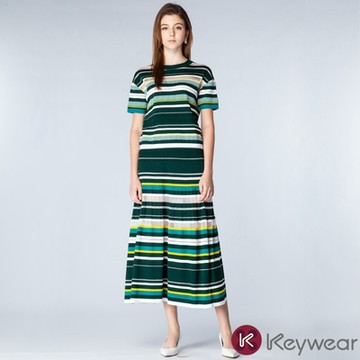 KeyWear奇威名品 條紋包臀裙中長款休閒裙-綠色