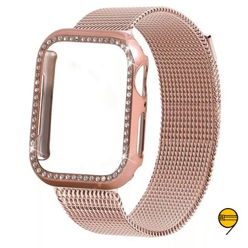不鏽鋼金屬錶帶+PC鑲鑽硬殼 適用 Apple Watch 11 10 9 8 7SE 蘋果替換錶帶 46mm 42mm
