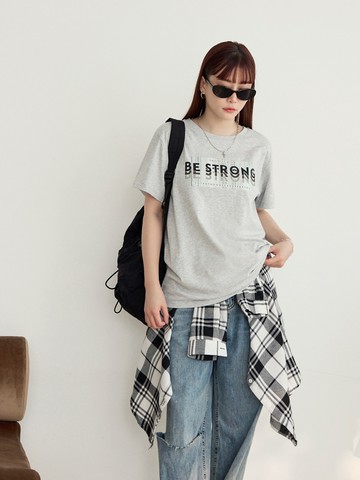 純棉條碼英文印花寬鬆短袖上衣