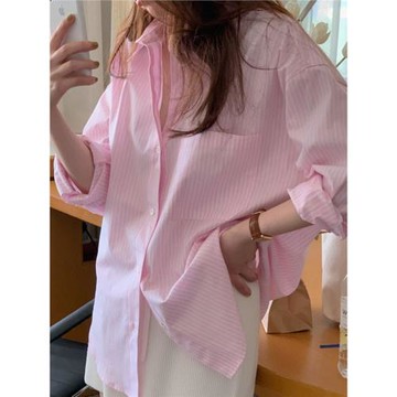 2025春秋新款寬松顯瘦少女粉色條紋襯衫女韓版高級感小眾通勤上衣