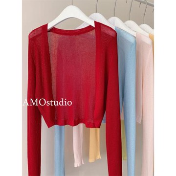 十三行紅色冰絲亞麻防曬披肩外搭罩衫薄款長袖微透開衫外套配吊帶