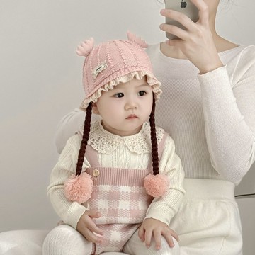 Mini baby🌷秋冬季寶寶帽子護耳毛線針織可愛假髮嬰幼兒套頭保暖超萌防風加厚