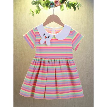 女童連衣裙夏季薄款小童公主裙兒童高端純棉寶寶短袖彩虹條紋裙子