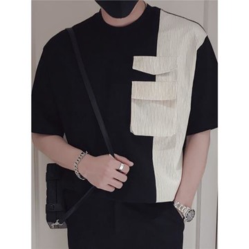 條紋拼接t恤男短袖潮牌工裝夏季2024新款痞帥高級感黑色上衣半袖