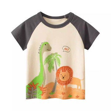 27KIDS - 純棉短袖上衣-獅子與恐龍-米杏/深灰