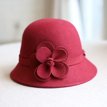 羊毛禮帽手工花朵盆帽女式羊毛呢氈帽圓頂帽子女秋冬韓版百搭1入