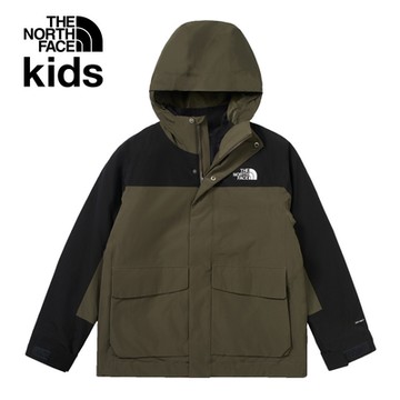 【The North Face 官方旗艦】北面兒童綠黑拼接DryVent防水透氣連帽鋪棉內裡三合一外套｜89XQBQW