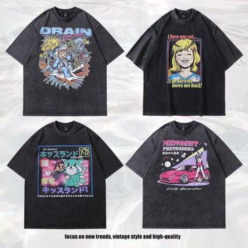 重磅美式潮牌oversize純棉短袖t恤日系卡通印花水洗復古T恤男女潮