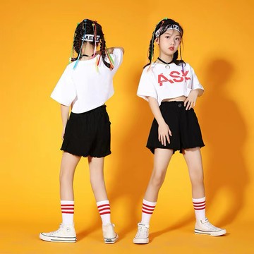 🔥台灣現貨➕發票爵士舞服裝女童露臍裝夏季女孩hiphop嘻哈街舞演出服潮女童短褲