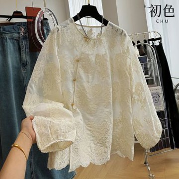 初色 新中式繡花蕾絲圓領長袖襯衫上衣女上衣-淺杏-37242(M-2XL可選)