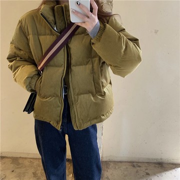 chic寬松長袖開衫拉鏈加厚棉服純色短款棉衣外套女潮1入