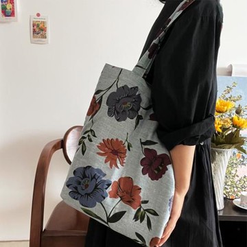 小眾新款復古植物花卉單肩包灰藍色小眾棉麻文藝布袋大容量托特包