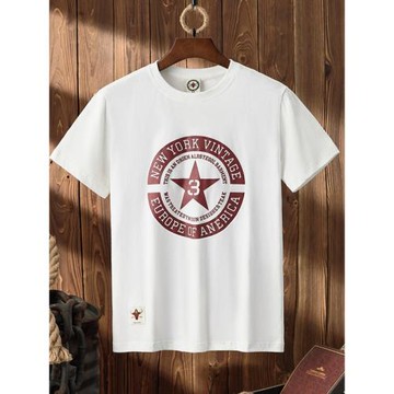 美式復古印花五角星男士短袖t恤男純棉潮流潮牌外貿尾單男裝體恤
