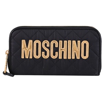 MOSCHINO 亮金LOGO尼龍菱格紋絎縫拉鍊長夾.黑