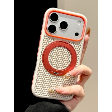 蘋果18Promax手機殼iphone17新款白橙撞色蜂窩散熱帶360旋轉支架殼16pro按鍵全包簡約15pm防摔保護套