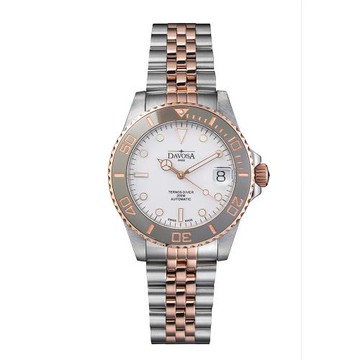 DAVOSA 166.196.02 半金白水鬼陶瓷圈玫瑰金專業200M潛水錶5銖鋼帶錶款36mm