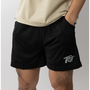 【TGF®】ProShorts™ 刺繡網眼四分褲 - 極致黑 美式褲/四分褲/刺繡褲/短版褲/膝上褲