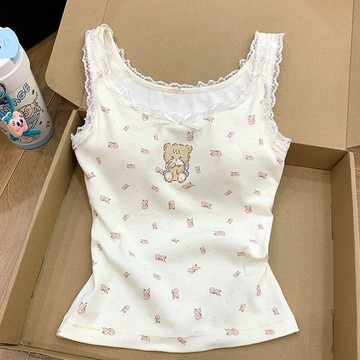 ✨壹灣出貨✨夏季爆款背心吊帶睡衣女卡通可愛蕾絲邊純慾超乖甜美風少女家居服