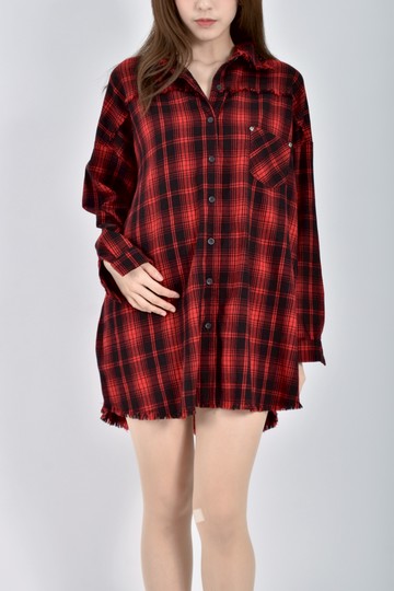 (2XL) lovfee格紋長版紅色長袖上衣