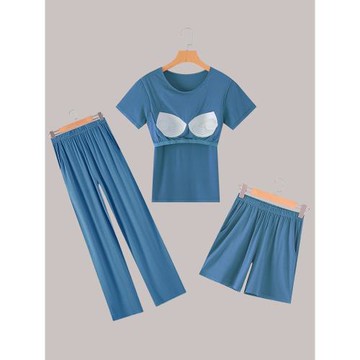 夏女純色休閑瑜伽三件套家居服