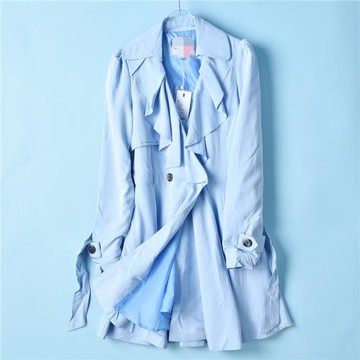 1216復古淑女荷葉邊風衣72044系帶收腰修身韓版氣質中長款外套