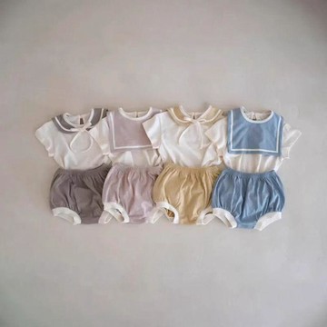 Mini baby🌷夏裝套裝男女嬰ins學院風時尚可愛拼色翻領短袖T恤短褲兩件套