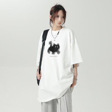 美式潮牌貓咪印花短袖T恤女夏季oversize休閑百搭情侶半袖體恤衫