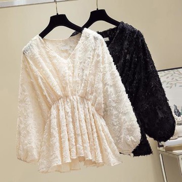 早春大碼雪紡襯衫長袖上衣女胖mm洋氣顯瘦遮肚蕾絲小衫減齡打底衫