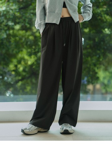 中性垂墜打褶休閒寬直筒褲(黑色)-中性