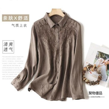 休閒打底衫大碼文藝棉麻刺繡襯衫翻領長袖上衣寬鬆亞麻棉【聚物優品】
