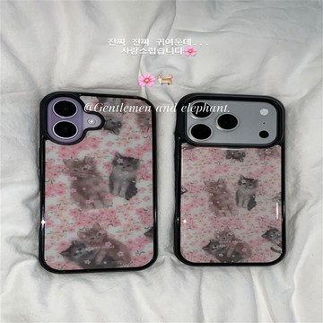 ✨iPhone手機殼✨日韓ins春日限定櫻花貓咪適用iphone17promax黑邊玻璃亞克力殼蘋