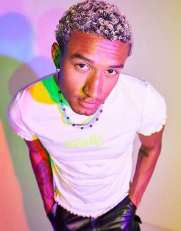 ASOS Unrvlld Spply skinny fit shrunken t-shirt with colour pop lettuce edges and lofo print in white