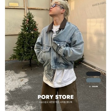 【PORY STORE】韓系街頭皮革牛仔外套 翻領 舒適 實拍 韓系 百搭 休閒 牛仔外套 棒球外套 短版外套 男生外套