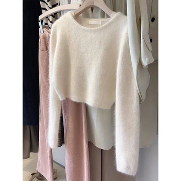 仿水貂絨短款針織毛衣套頭女秋冬溫柔風高級質感氣質寬松加厚上衣