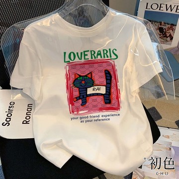 初色 圓領卡通字母印花短袖T恤上衣女上衣-共2款3色-32876(M-2XL可選)