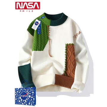 NASA旗艦店毛衣女潮流慵懶設計感拼接冬季加絨加厚保暖情侶針織衫