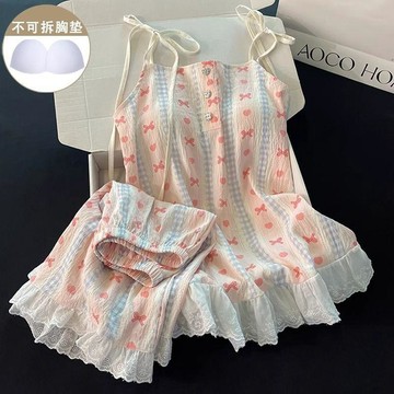 可可裡👛網紅ins睡衣女款夏季帶胸墊純棉吊帶短褲藍色格子學生家居服套裝超大碼