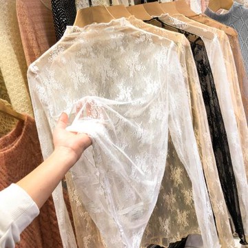白色網紗打底衫女春秋毛衣搭配蕾絲內襯紗衣洋氣鏤空性感內搭上衣