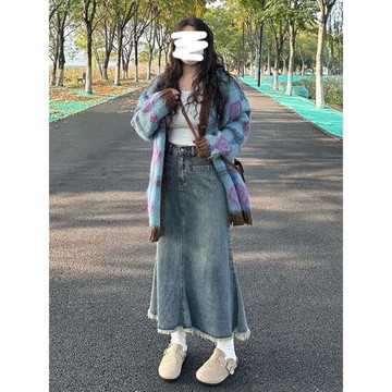 300斤大碼女裝復古牛仔半身裙女秋季胖mm顯瘦a字裙子中長款魚尾裙