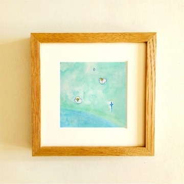 【原創作品・水彩畫】「心中的泉 2」※含木製畫框 (18cm 方) 風景畫・插畫・北歐風裝飾